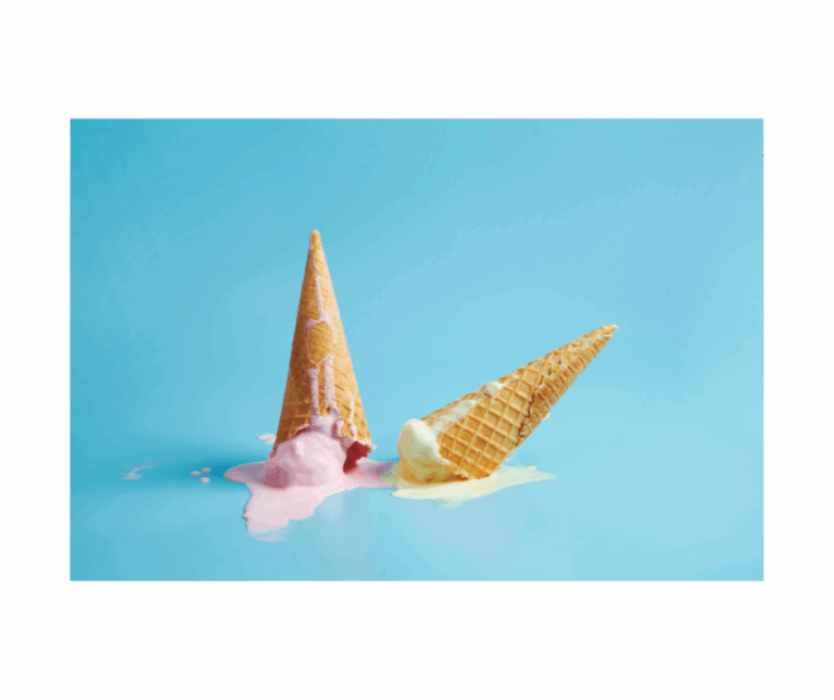 a blue background with two melted ice cream cones turned upside down