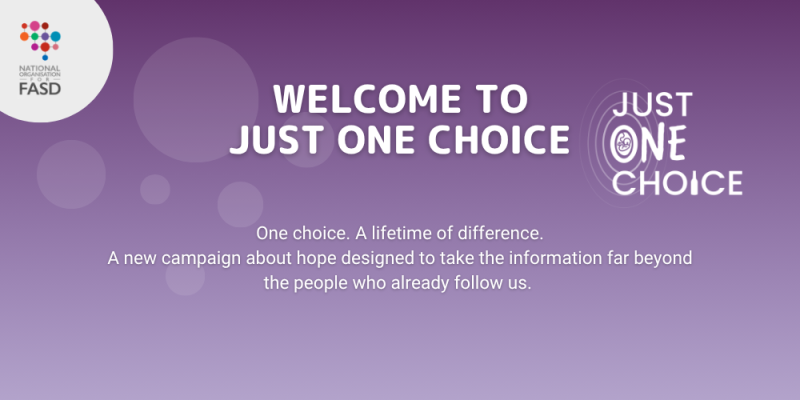 Purple background with the Just One Choice logo, Welcome to Just One Choice, One Choice, A lifetime of differencel A new campaign about hope designed to take the information far beyond the people who already follow us